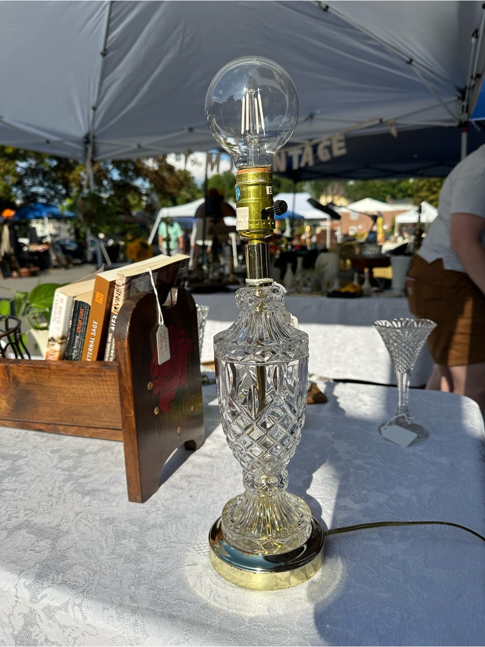Vintage Cut-Glass/Crystal Table Lamp with Brass Accent - Clear